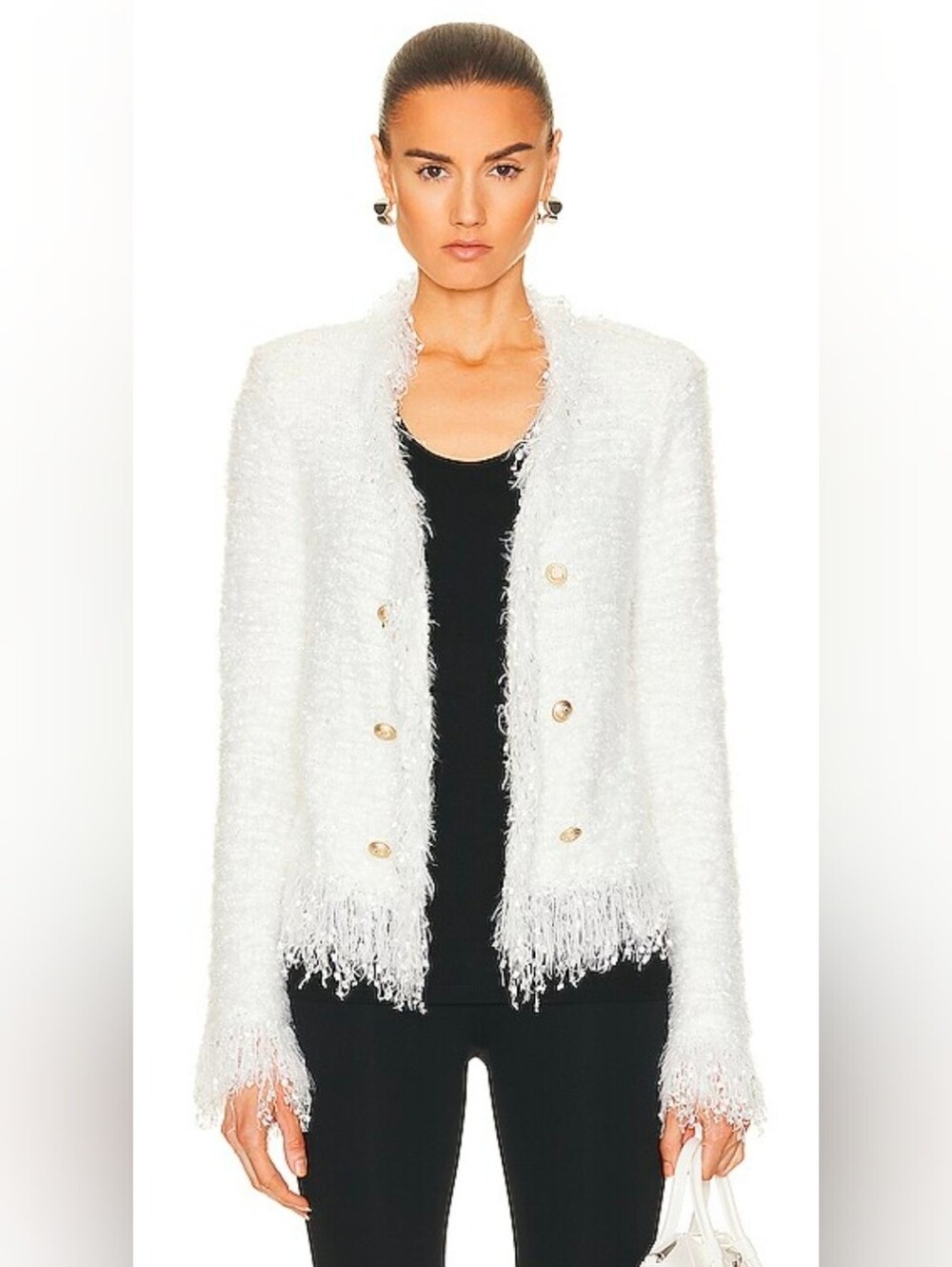 Balmain Cream Bouclé Fringe Blazer with Gold Buttons